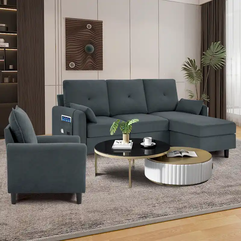 3-Pieces Sectional Sofa Set with Ottoman and Chair