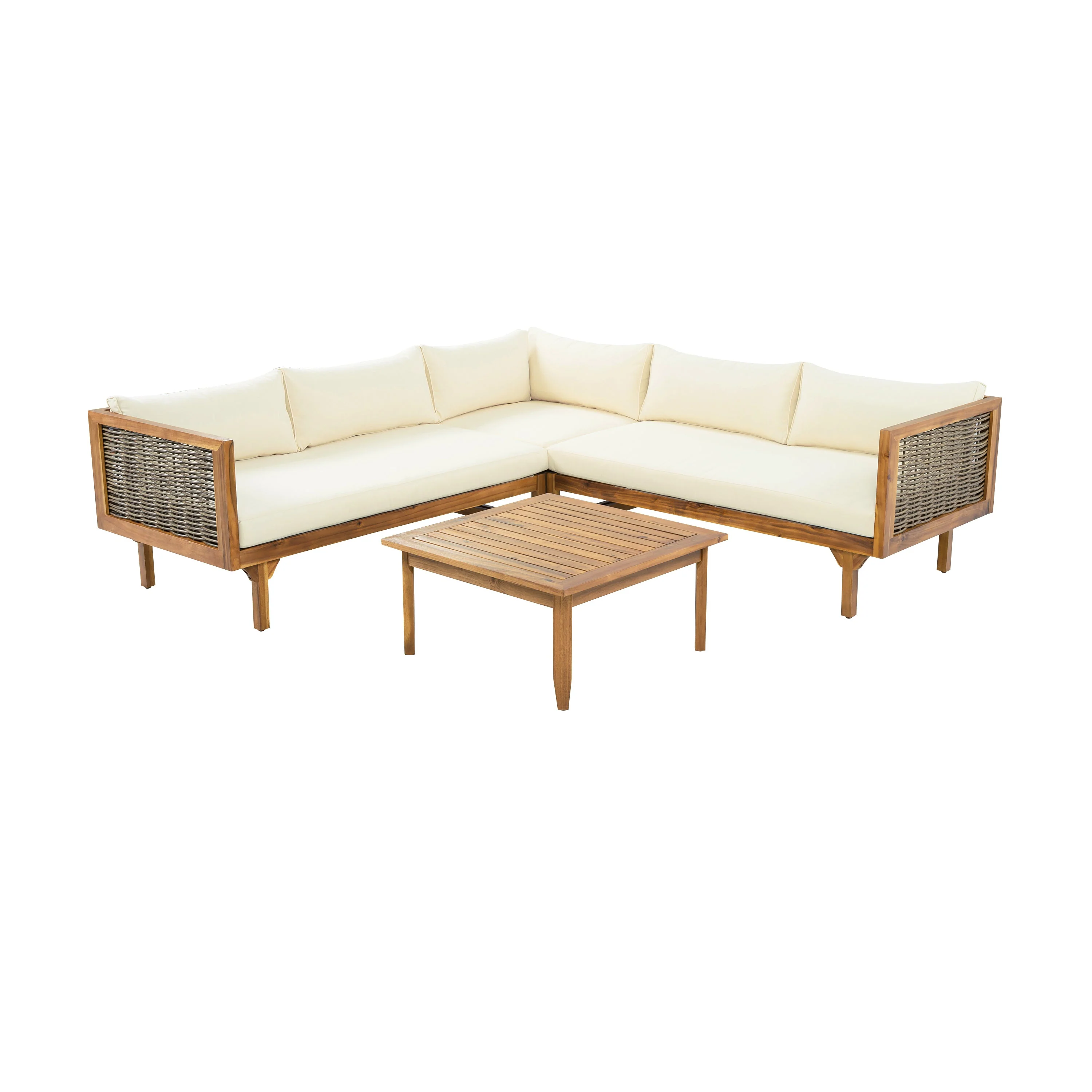 Walker Edison | Acacia Wood Sectional Sofa with Coffee Table