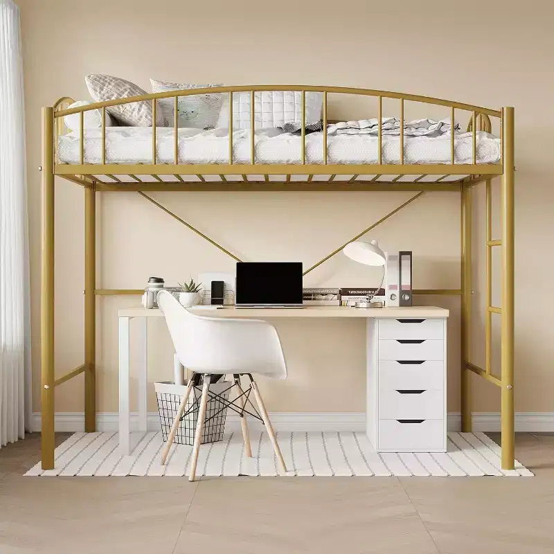 Acekool Twin Loft Bed with Stairs, Arched Guardrail, Metal Frame, Space-Saving, Noise-Free, Gold