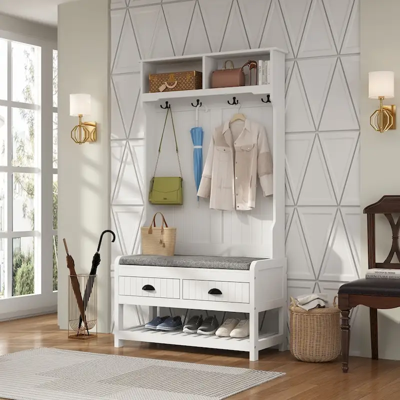 Hall Tree with Bench, 34.3"W, 4 Hooks, 3 Open Shelves, Padded Seat, Shoe Storage, Particleboard, White/Grey/Black