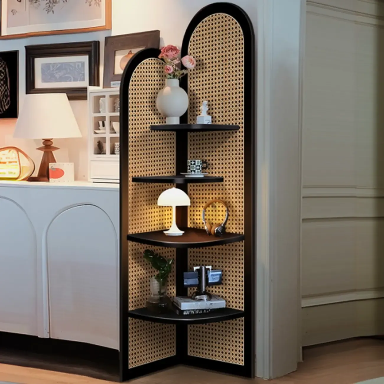 Elegant Wicker Black Wood Corner Open Display Cabinet