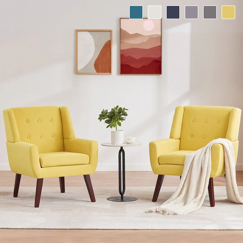 Newport Furnishings Set of 2 Modern Tufted Accent Chairs - Solid Wood & Linen