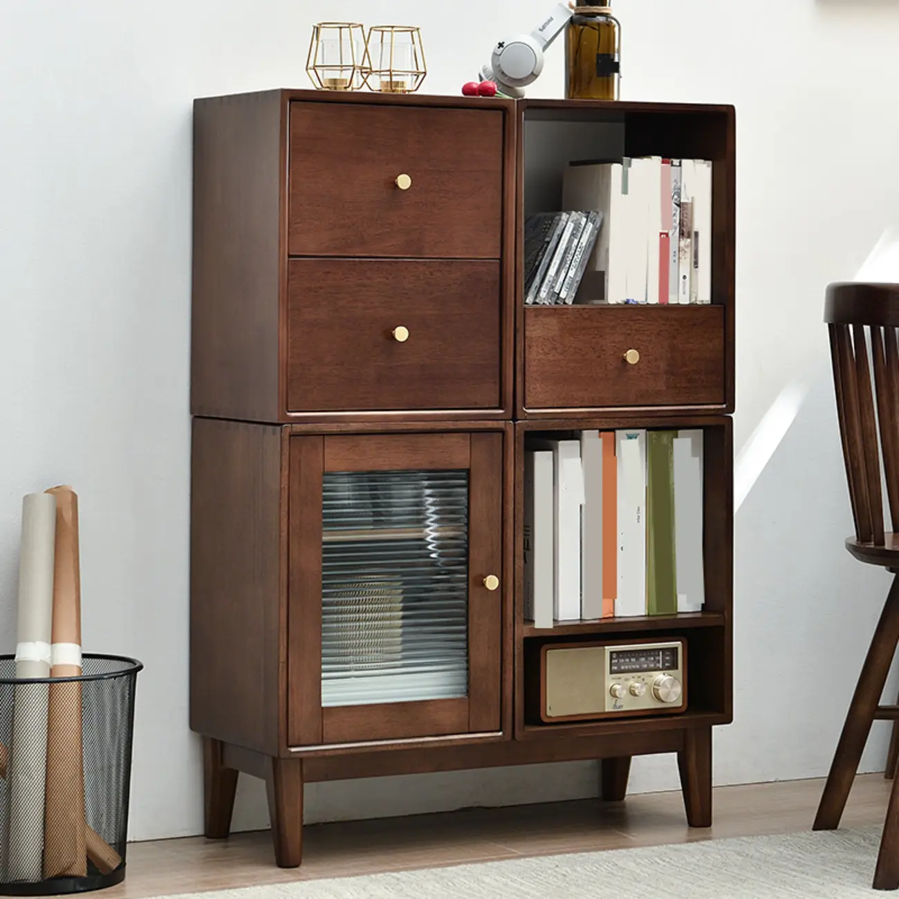 Narrow Modern Wood Brown Vertical Bookcase with Drawers