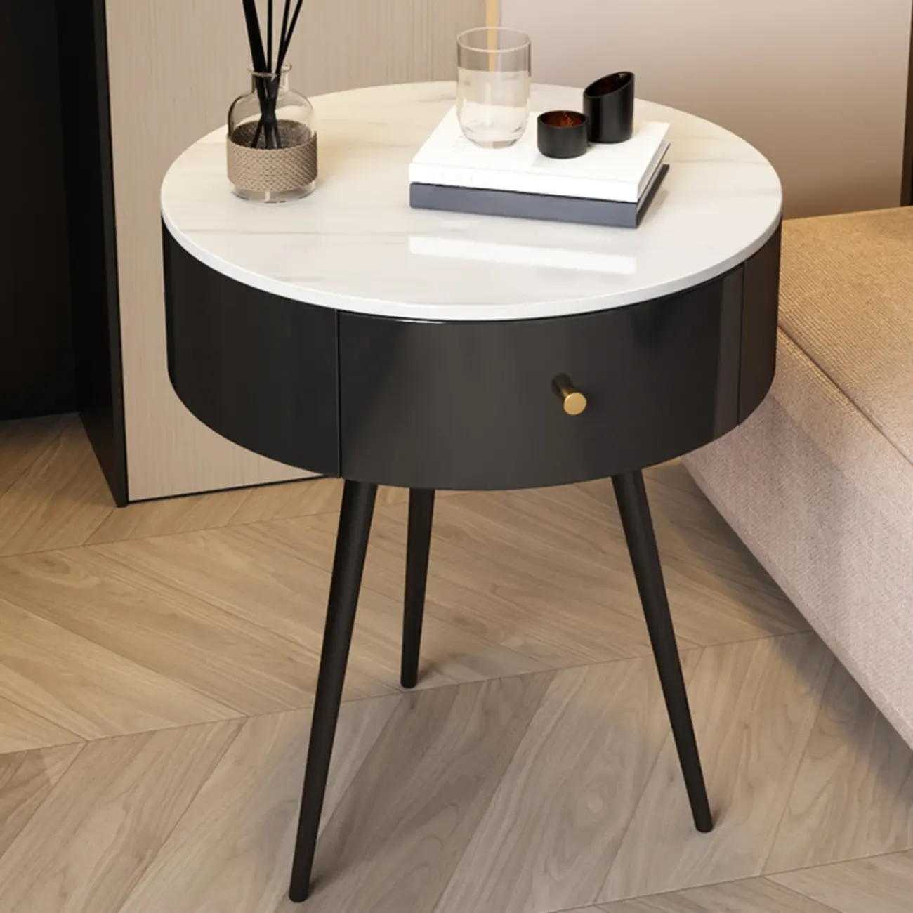 Modern Sintered Stone Top Round Drawer Tripod Nightstand