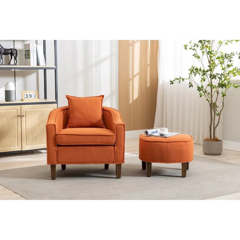 Mid-Century Upholstered Barrel Accent Round Arm Chair with Ottoman