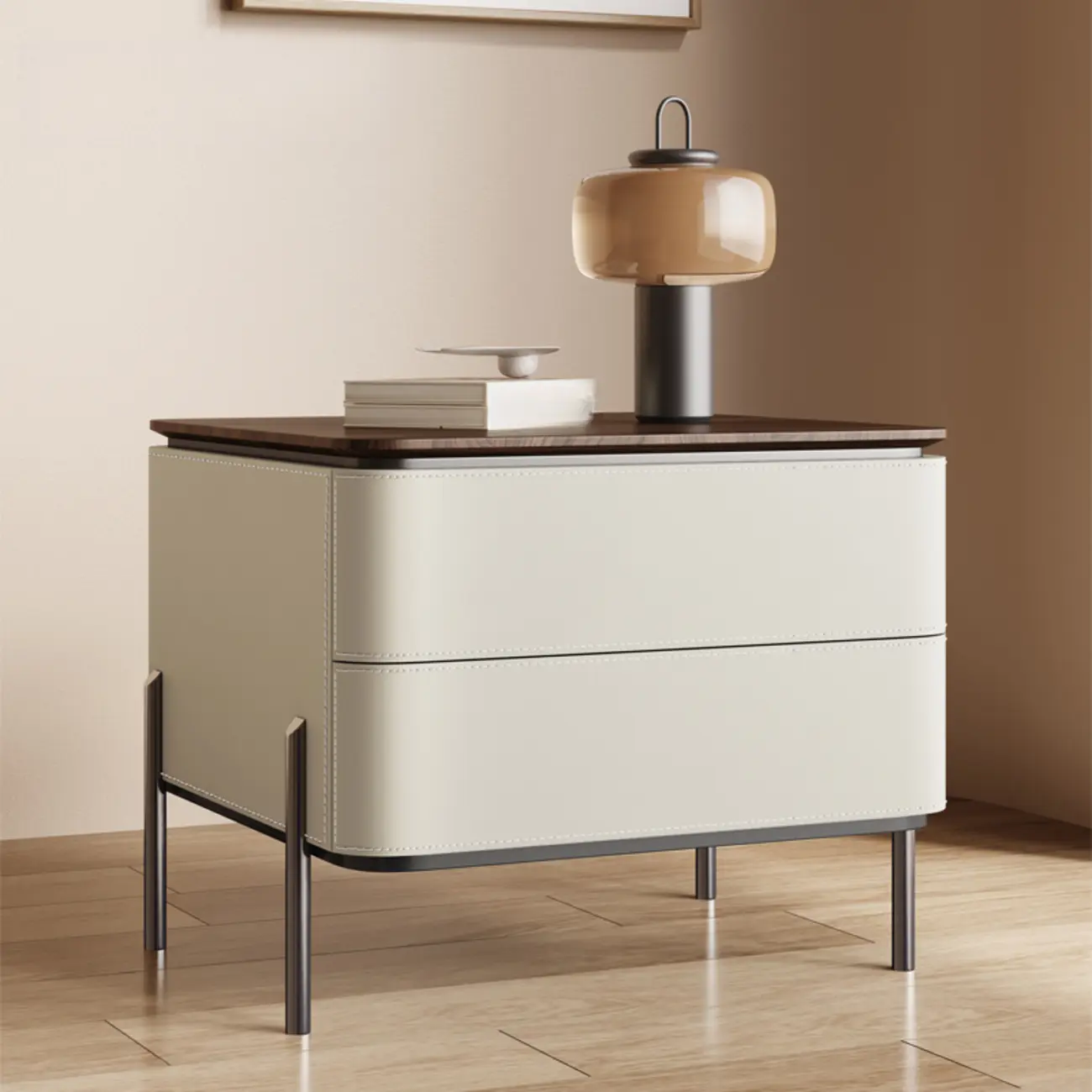 Modern Wood Top Leather Drawer Nightstand Including Metal Legs