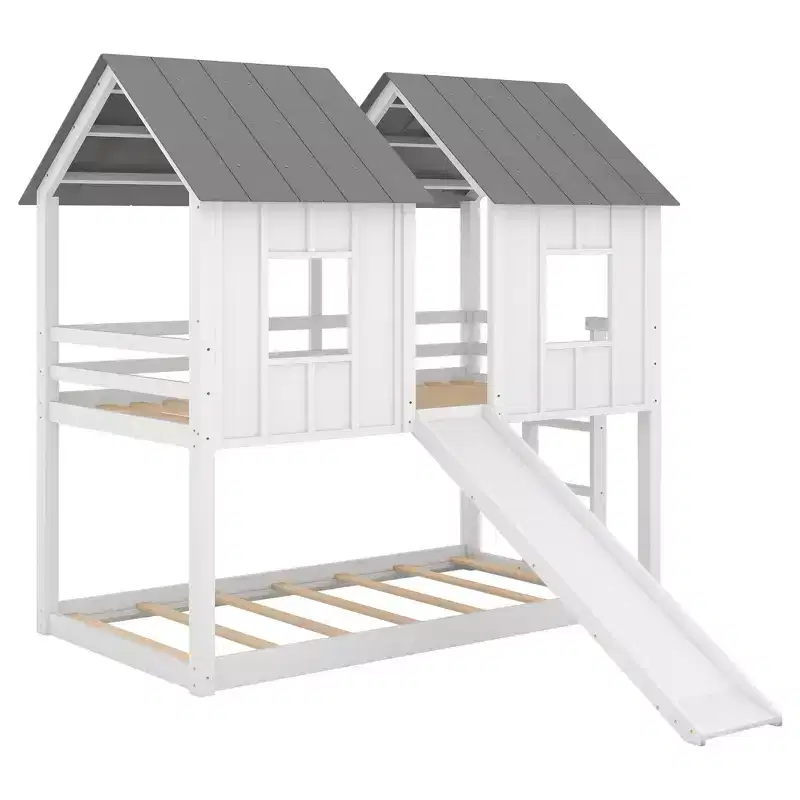 Whisen Twin over Twin House Bunk Bed with Slide and Windows - White