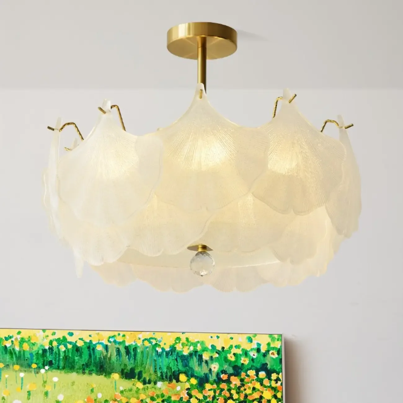 Elegant Gold Glass Leaf Semi Flush Mount Ceiling Light