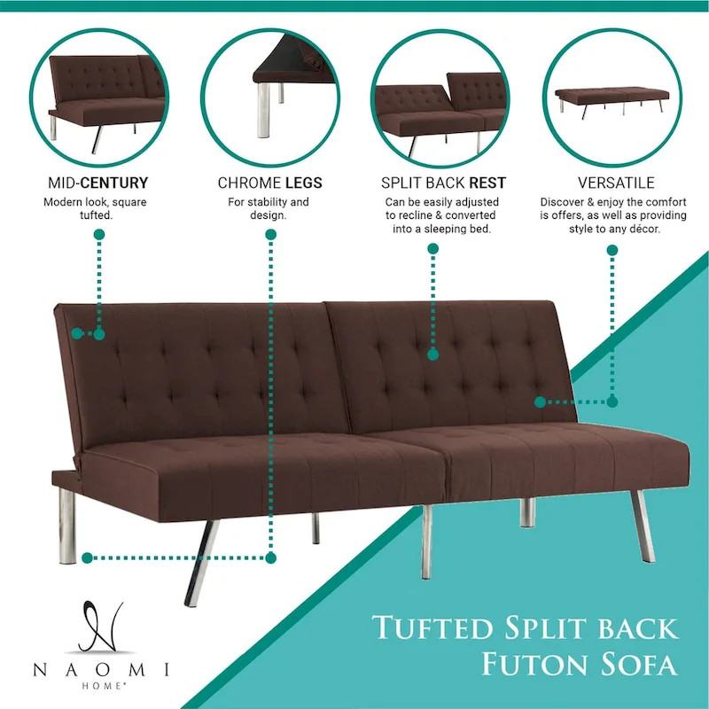 Tufted Mid-Century Modern Split Back Futon Sofa Couch Bed with Chrome Legs