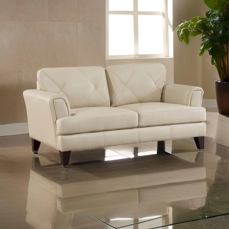 Lisa 71 Inch Loveseat, Cream Top Grain and Split Leather Brown Solid Wood
