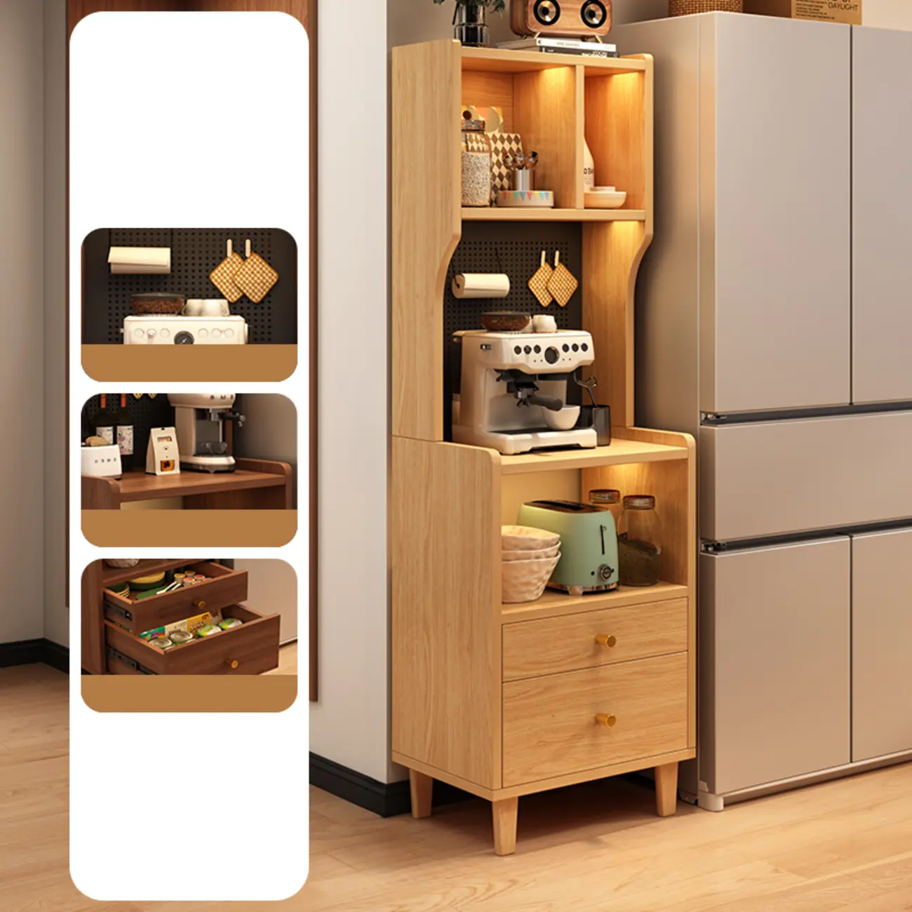 Modern Wood Narrow Sideboard with Drawers Shelves