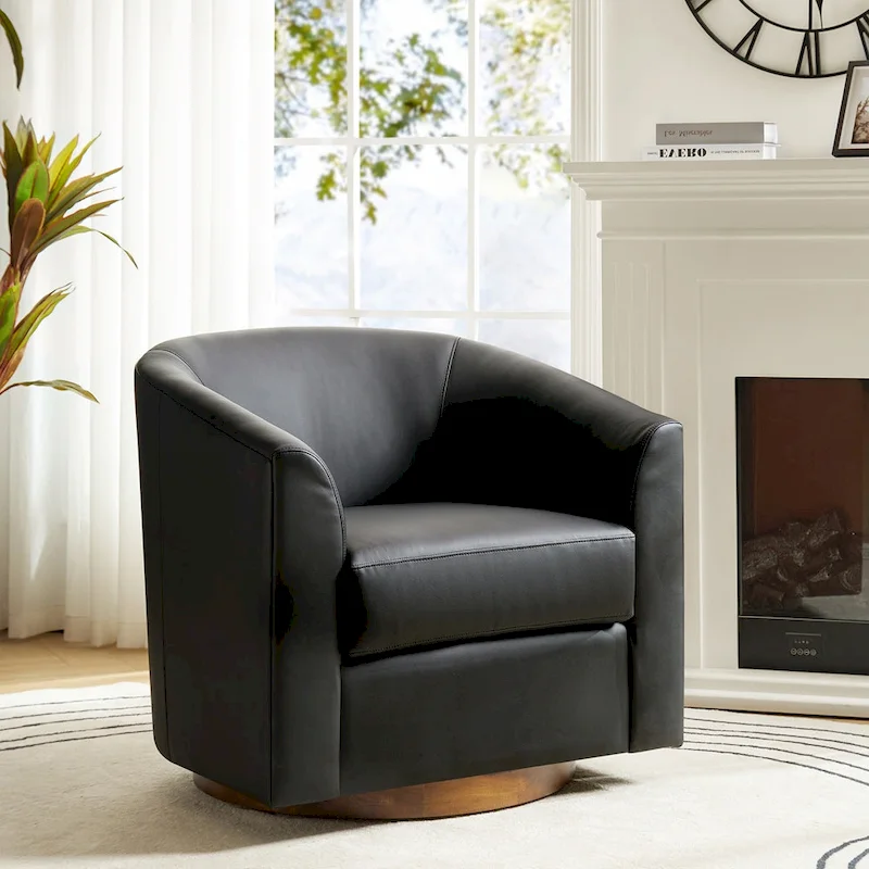 Haley Modern Swivel Barrel Faux Leather Chair with Solid Wood Base by HULALA HOME