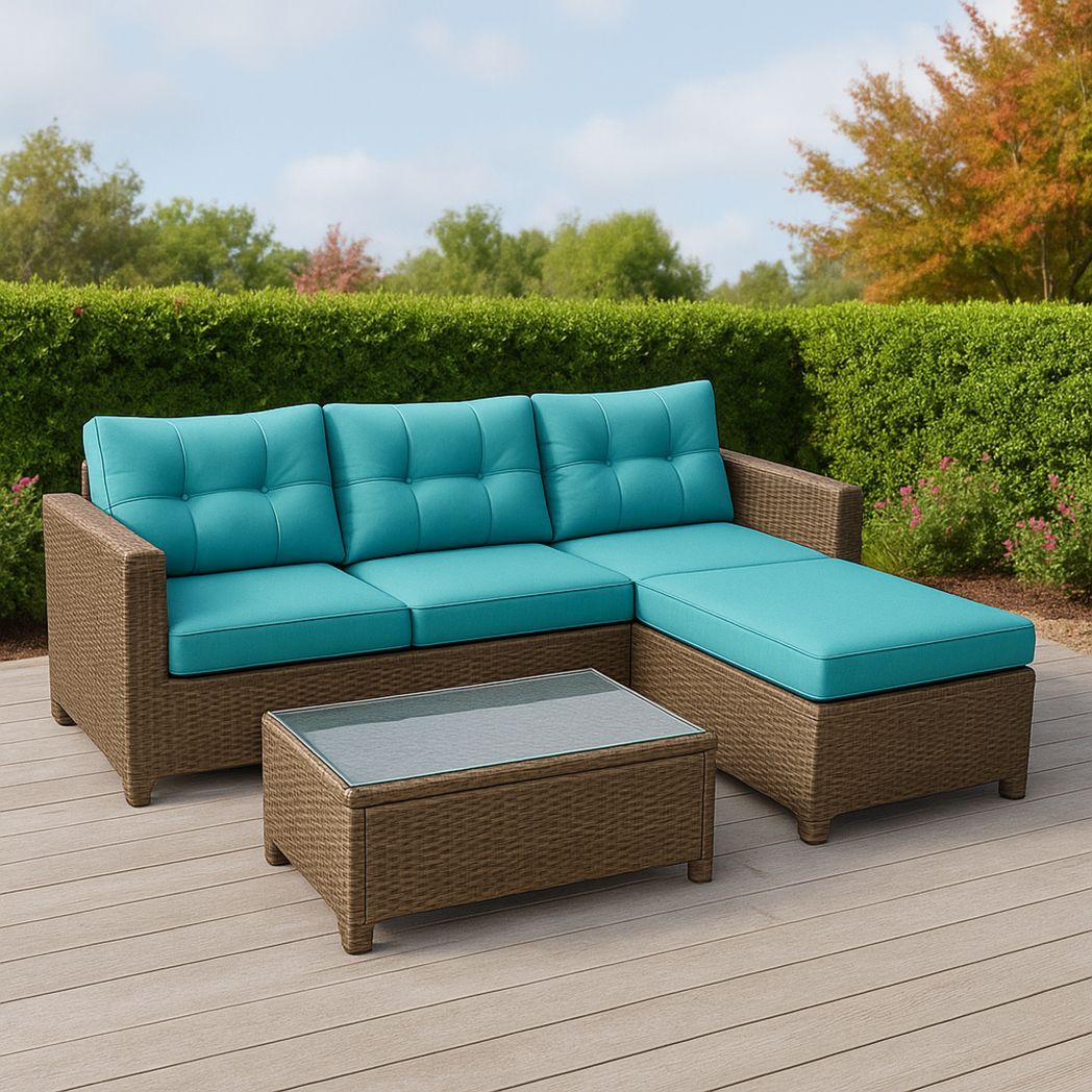 Ensemble de canapé d'angle 4 pièces en résine tressée marron et coussins turquoise, coussins en mousse polyester, table avec plateau en verre trempé