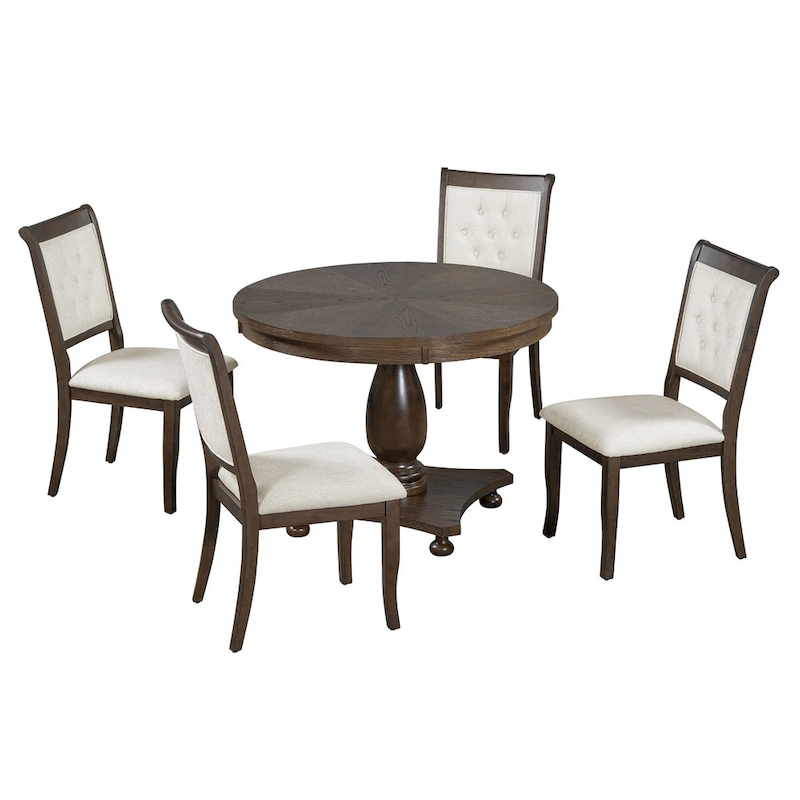 5 Piece Dining Table Set, Solid Wood Kitchen Dining Room Table Set with Round Dining Table and 4 Upholstered Chairs