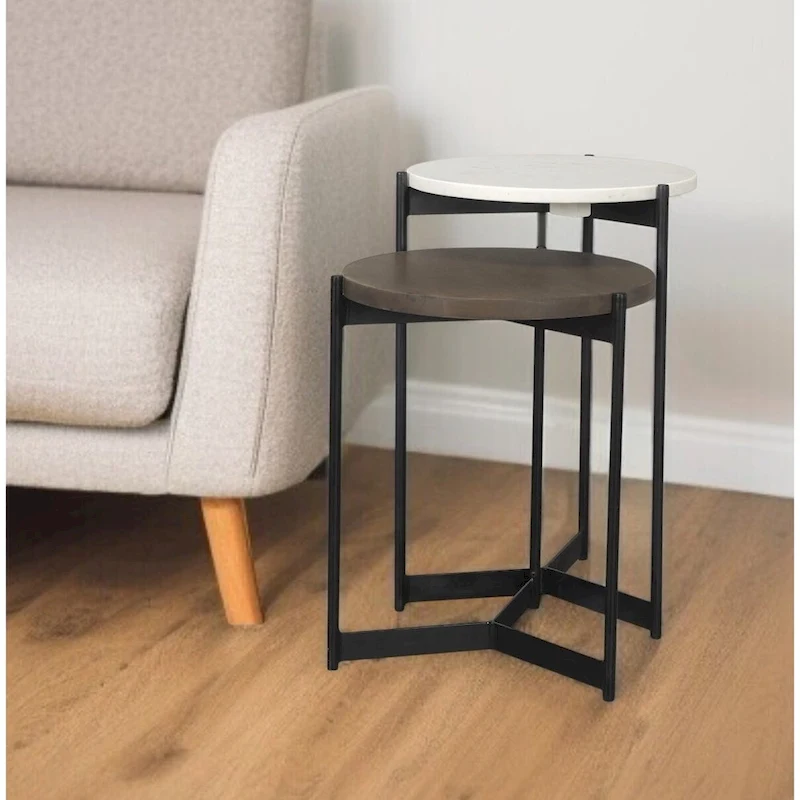 HomeRoots Set of Two Brown White and Black Marble Solid Wood and Metal Round Nested Tables - 16' X '24' X '16