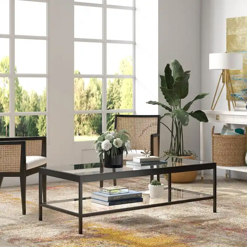 Contemporary 54-Inch Rectangular Coffee Table Glass Top with Steel Base Bottom Storage Shelf Perfect for Living Room
