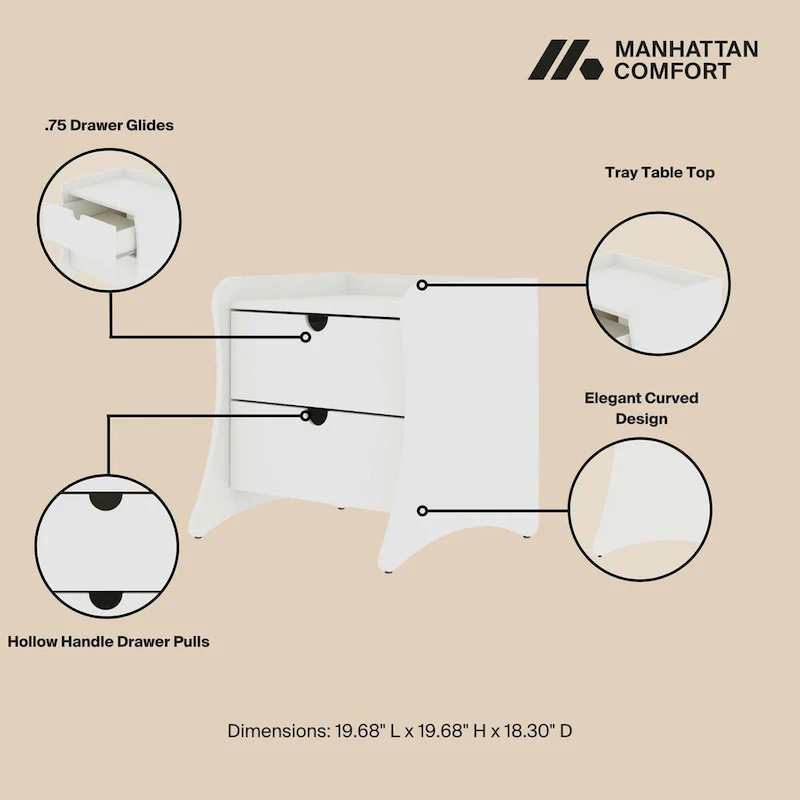 Mid-Century Modern 2-Drawer Nightstand, MDF, Curved Legs, 19.68