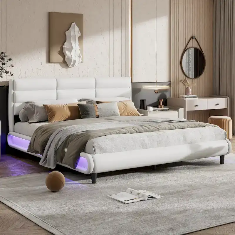 King Size Upholstered Platform Bed with LED Light Strips,Beige