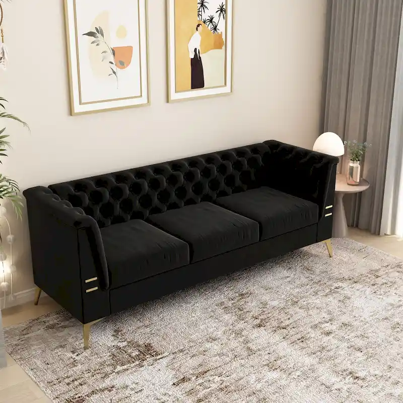 82 Velvet 3 Seater Chesterfield Sofa Couch with Gold Metal Legs, High Rebound Sponge and Removable Cushions