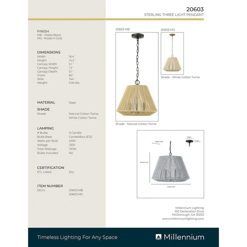 Millennium Lighting Sterling 3 Light Pendant Fixture