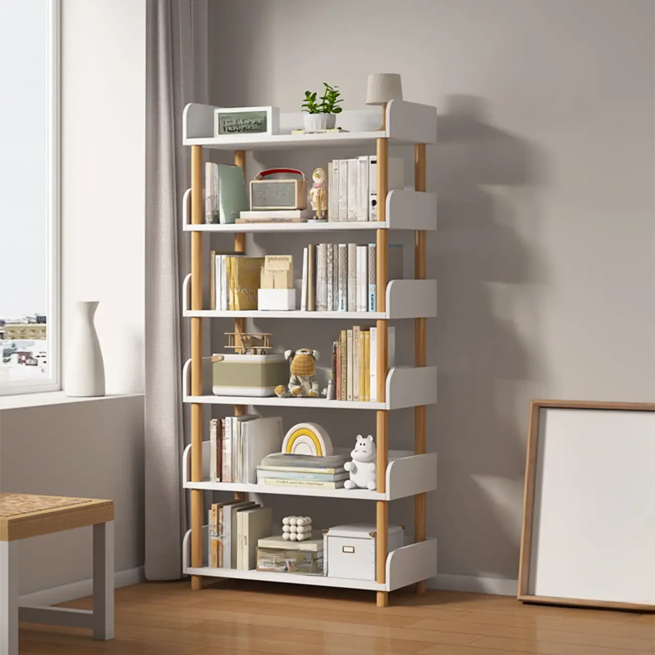 Vertical Natural Multi-Shelf Open Back Wood Bookcase