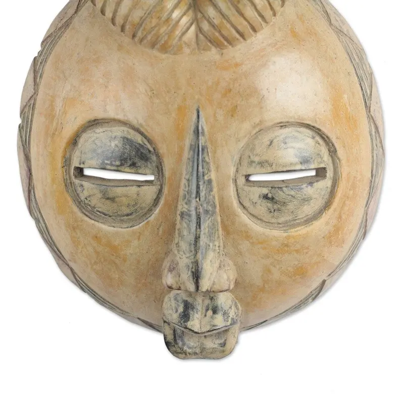 Handmade Yellow Gazelle African Wood Mask (Ghana) - 17.25  H x 9.5  W x 3.5  D