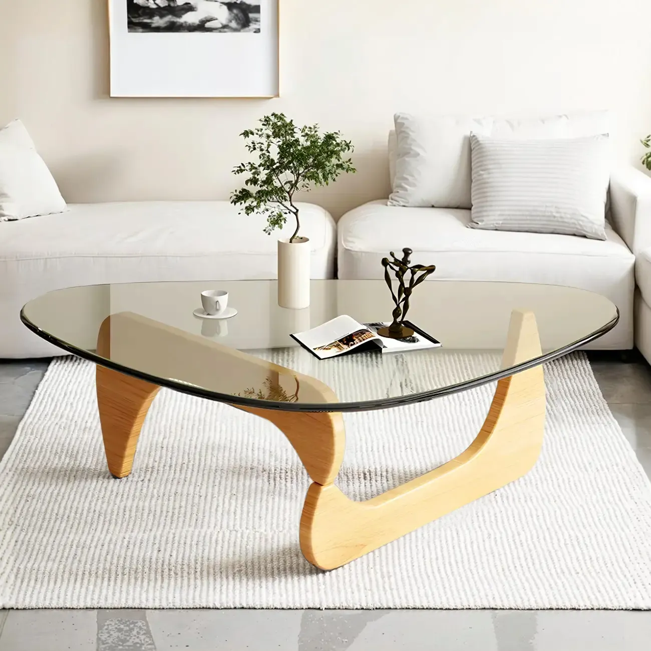 Modern Triangle Glass Coffee Table Wooden Base