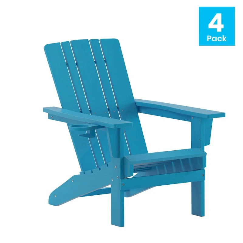 Set of 4 Commercial All-Weather Adirondack Chairs with Cupholders