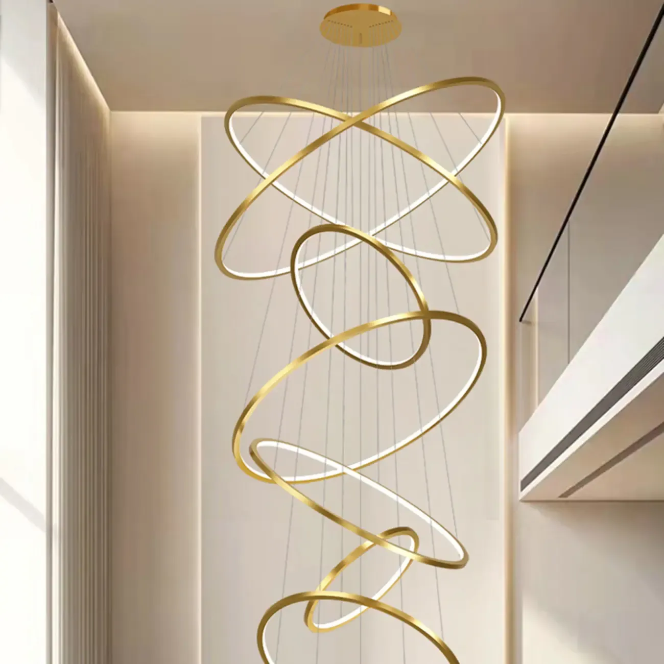 Modern Gold Ring Stairwell Chandelier Warm Light LED
