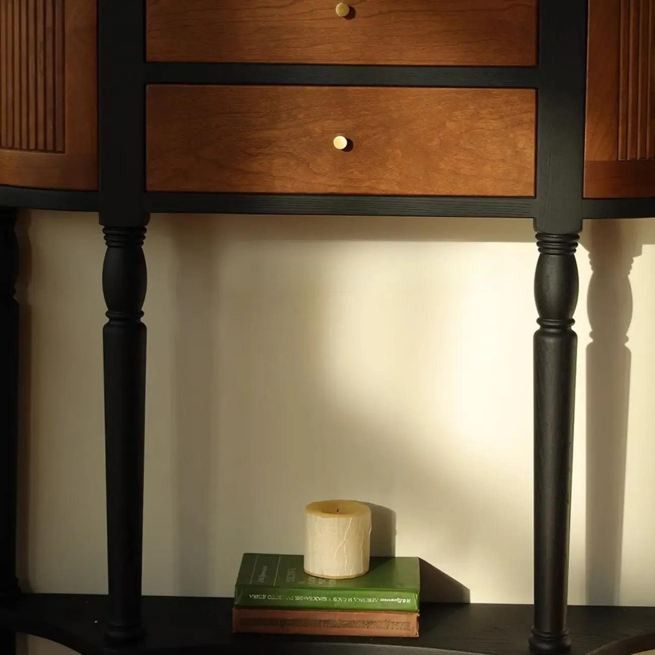 Natural Wood Live Edge Entrance Table with 2 Cabinets and 3 Shelves