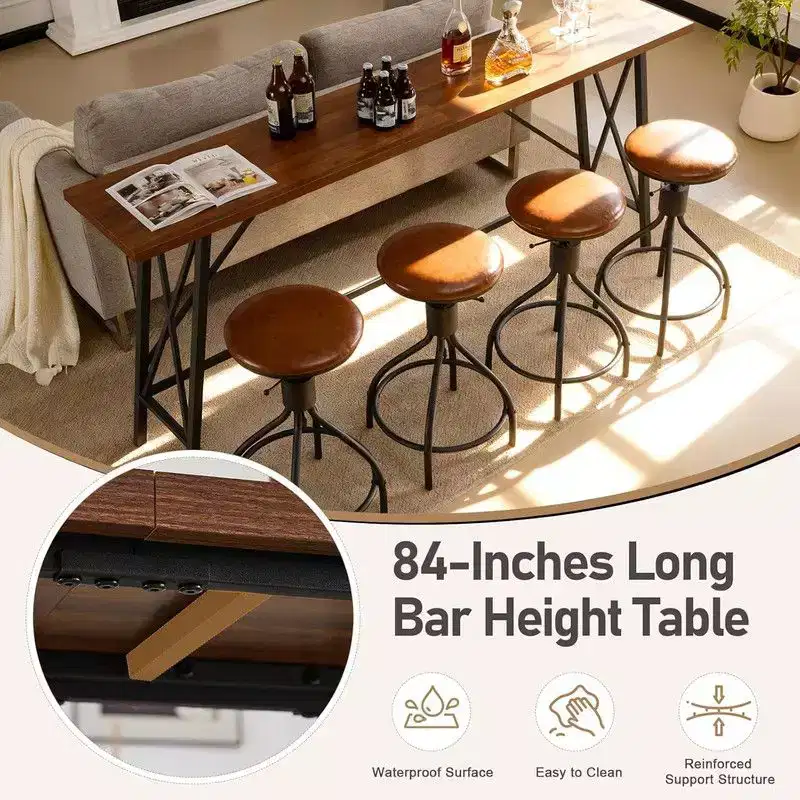 Brown 5-Piece Bar Table and Swivel Stool Set for 4