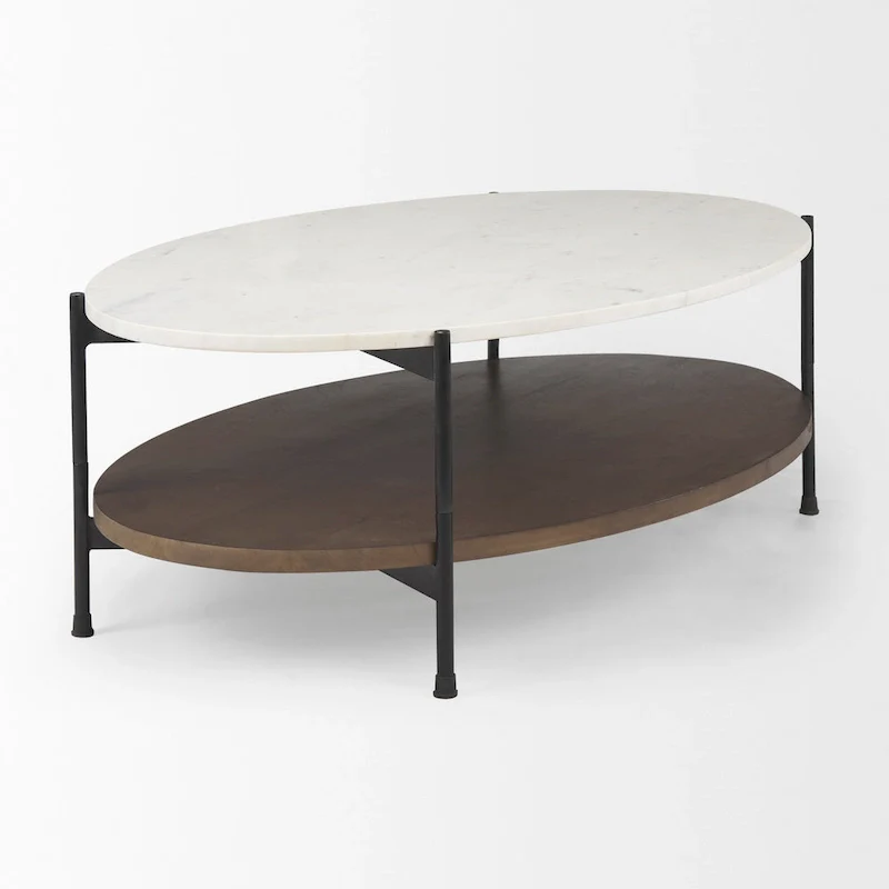 White Marble Top w/ Dark Brown Wood Shelf Oval Coffee Table