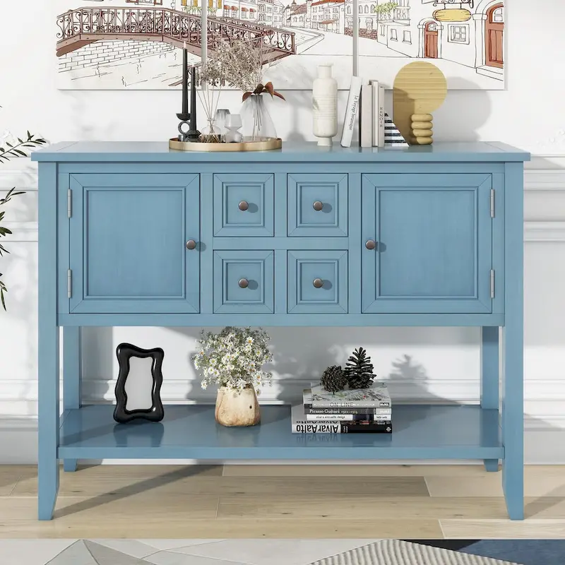 Dark Blue Distressed Acacia Wood Buffet Sideboard with 4 Drawers, 2 Cabinets & Bottom Shelf