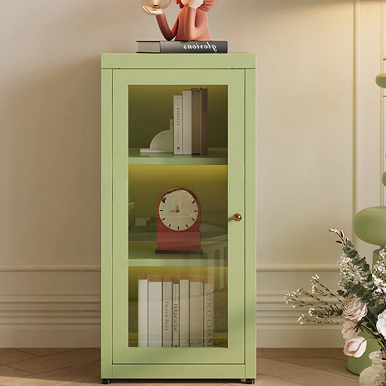 Modern Glass Door 3-Shelf Steel Green Frame Bookcase