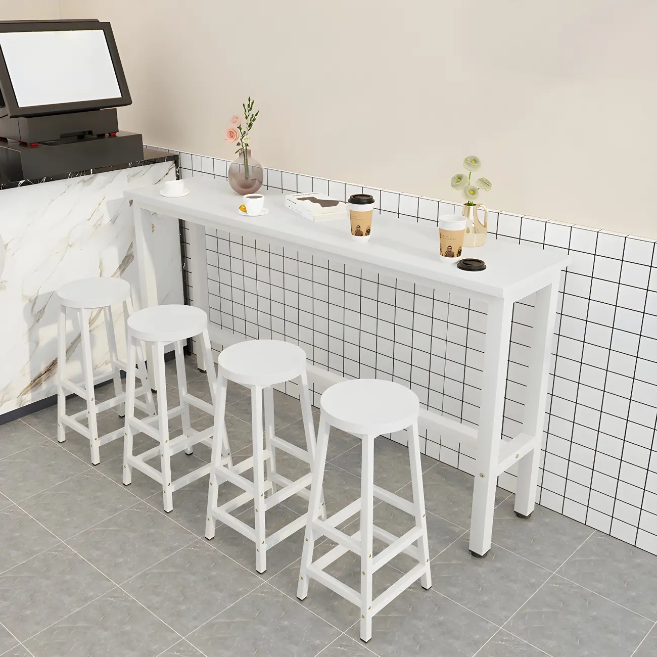 Rectangular Natural Wood Metal Trestle Bar Tables