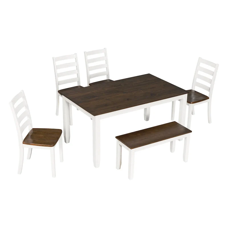 Rustic Style 6-Piece Dining Room Table Set with 4 Upholstered Chairs & a Bench