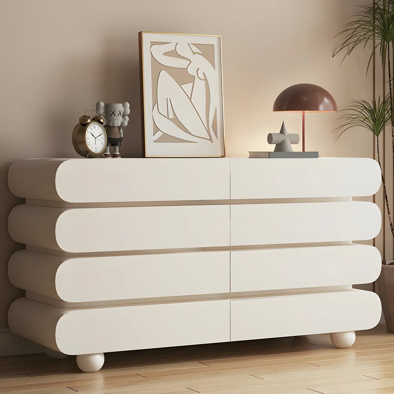 Glam White Oval Wooden Double Dresser with Soft Close Drawers