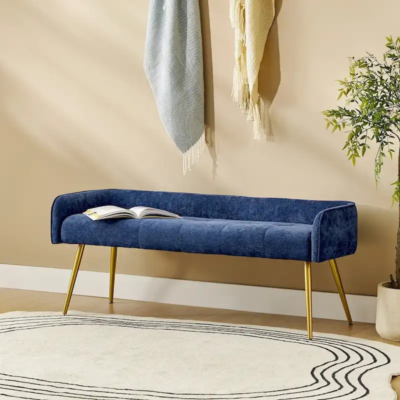 Luis Modern Upholstered Low Back Bench with Sturdy Golden Metal Tapered Leg by HULALA HOME