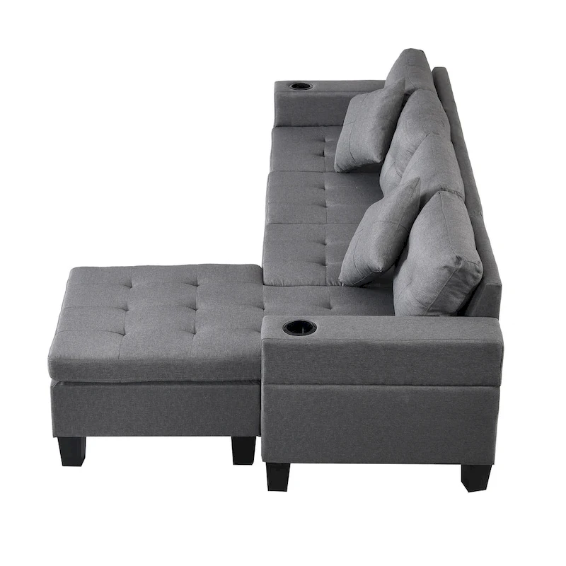 Modern Sectional Sofa Set with Cup Holders and Plush Cushions
