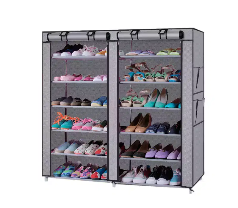 6-Row 2-Line 12 Lattices Non-woven Fabric Shoe Rack Gray