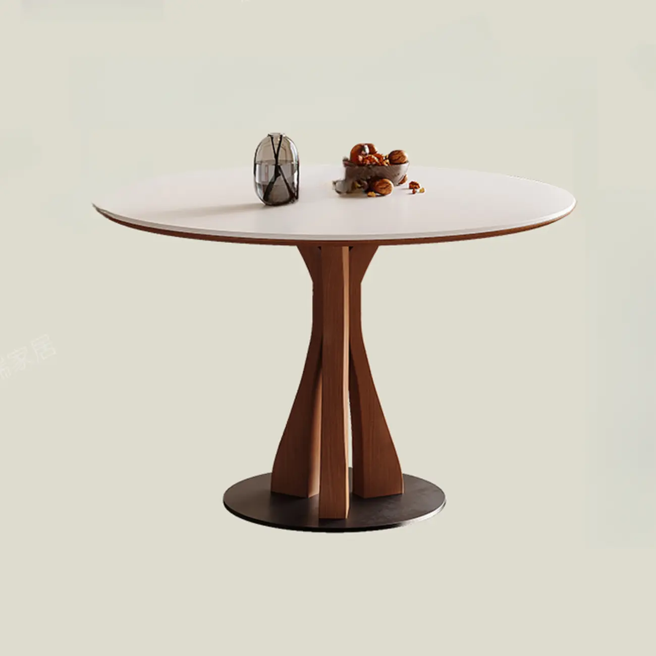 Mid-Century Modern White Stone Brown Wood Round Dining Table