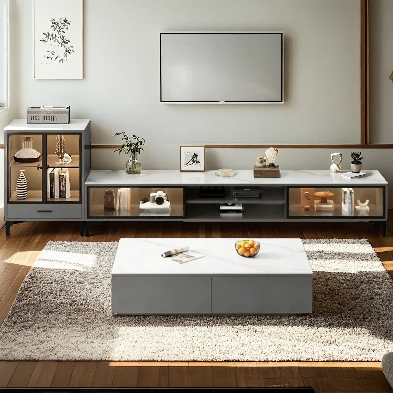 71 Modern Grey Stone Open Shelf TV Stand with Glass Doors