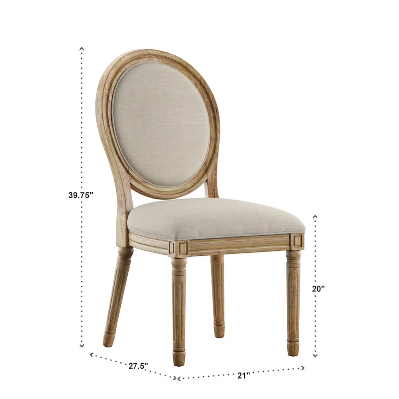 Round Linen and Wood Dining Chairs Set of 2, Artisan Style Upholstered Side Chairs