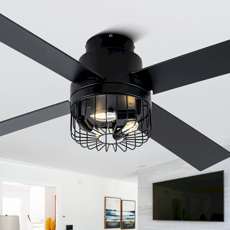 CurveCurio 52  Modern Black Industrial Ceiling Fan Flush Mount w Remote Control, 4 Wooden Blades w Caged Lights for Living Room