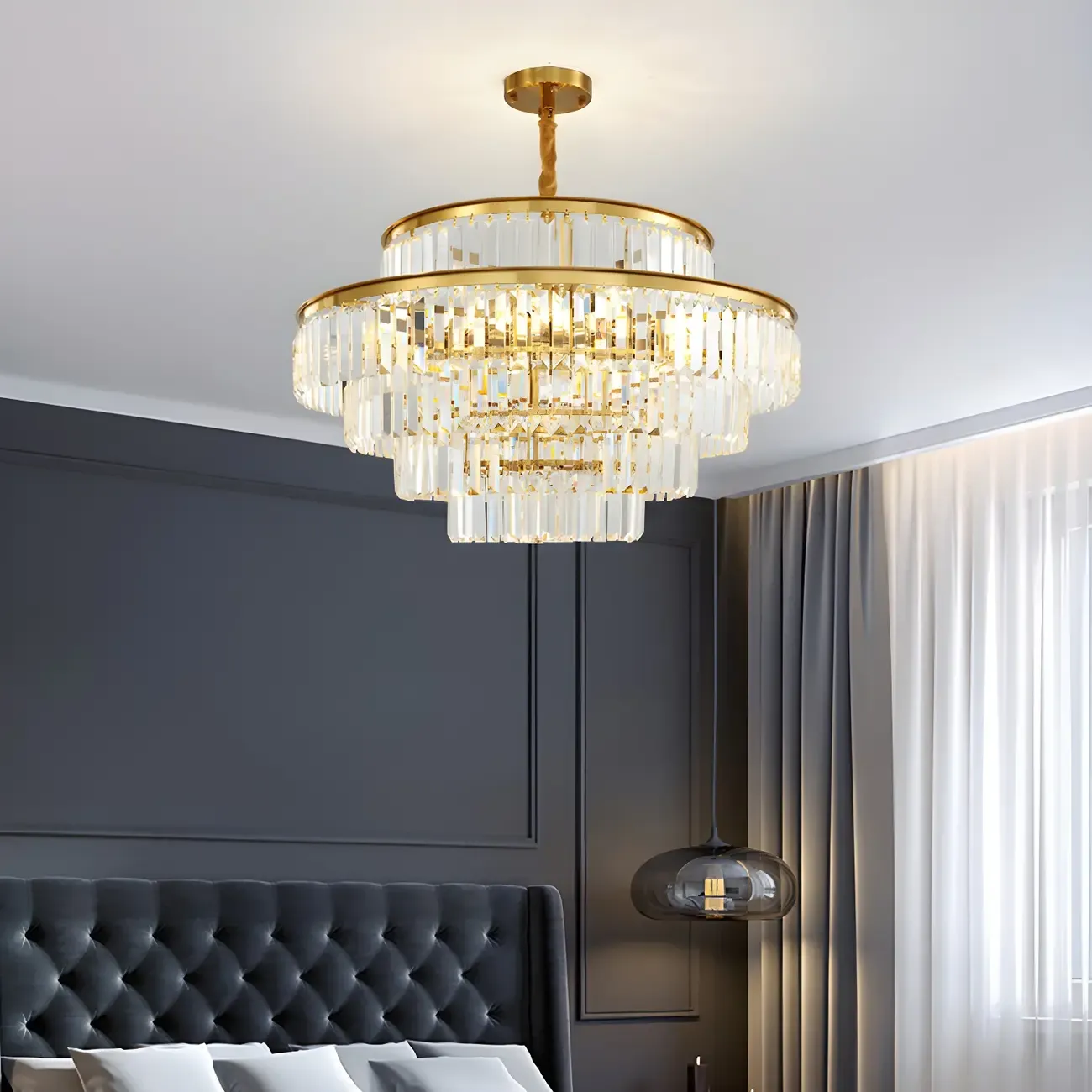 Gold Crystal Cylinder Tier Circle Chandelier