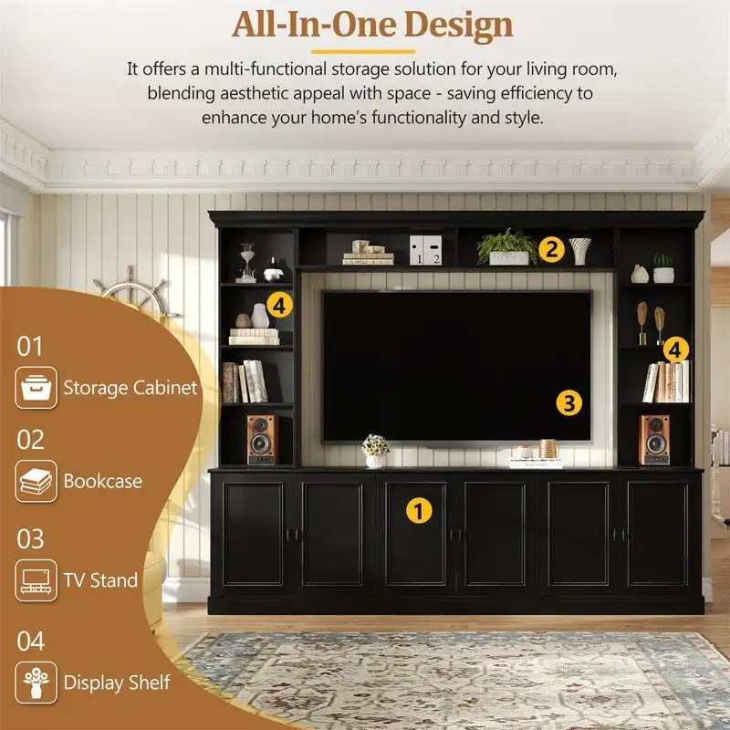 4-Piece Wall Unit Entertainment Center Set with Bookshelf , Versatile TV Stand with Adjustable Shelf, Media Console with Bridge