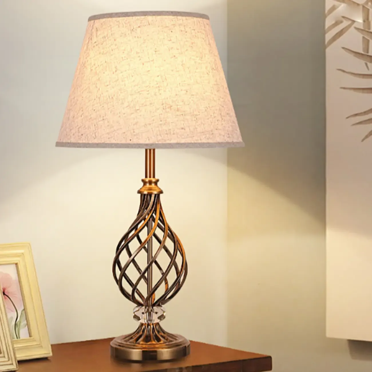 Geometric Fabric LED Bedside Table Lamp Antique Brass Base