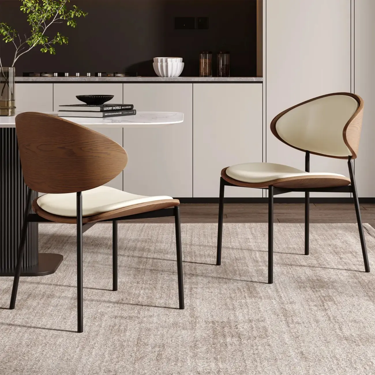 Black Leather Seat Curved Back Dining Chair