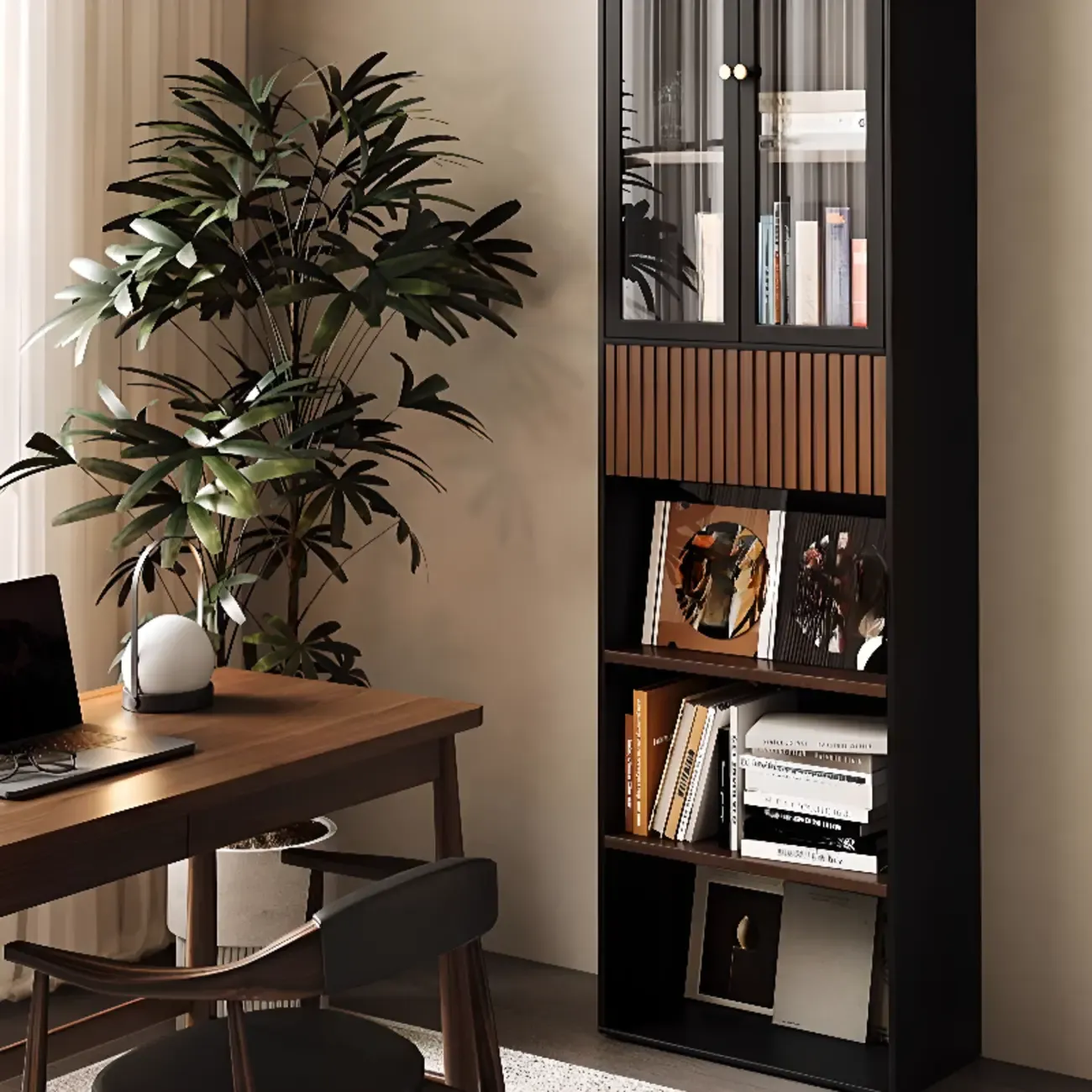 Tall French Country Display Wooden Bookcase with Cushioned Bench