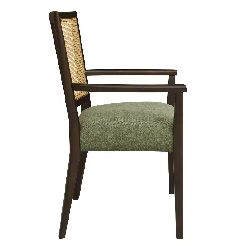 Beige/Dark Brown Upholstered Dining Arm Chairs with Rattan Back, Set of 2